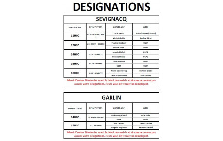 DESIGNATIONS DES SAMEDIS 5/06 &amp; 12/06